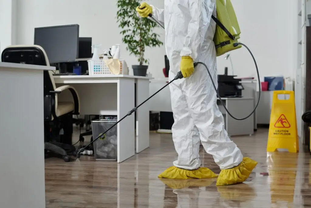 A close-up of someone cleaning an office floor